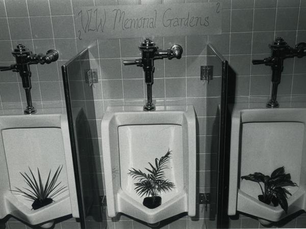 Three urinals with potted plants in the bowls, and a construction paper sign on the wall.  