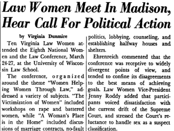 Newspaper article which reads: "Law Women Meet in Madison, Hear Call for Political Action"