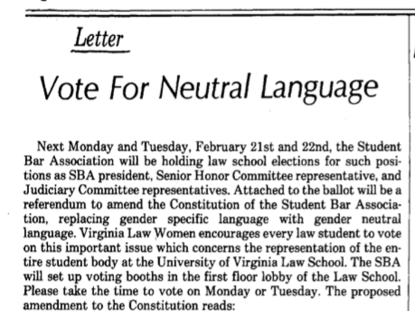 Newspaper clipping which reads: "Letter: Vote For Neutral Language"