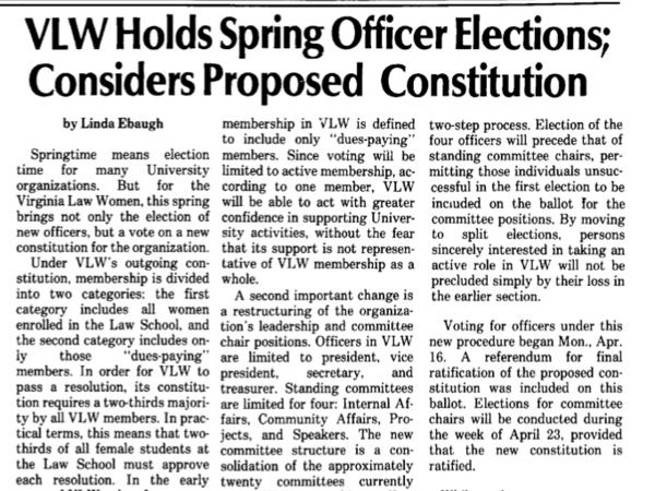 Newspaper clipping which reads: "VLW Holds Spring Officer Elections, Considers Proposed Constitution"