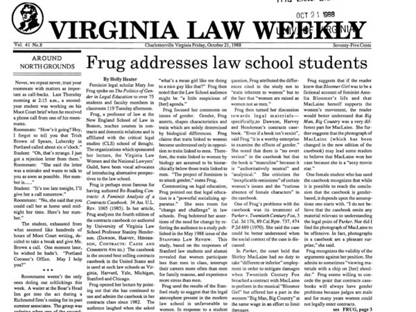 Newspaper clipping which reads: "Frug Addresses Law School Students"