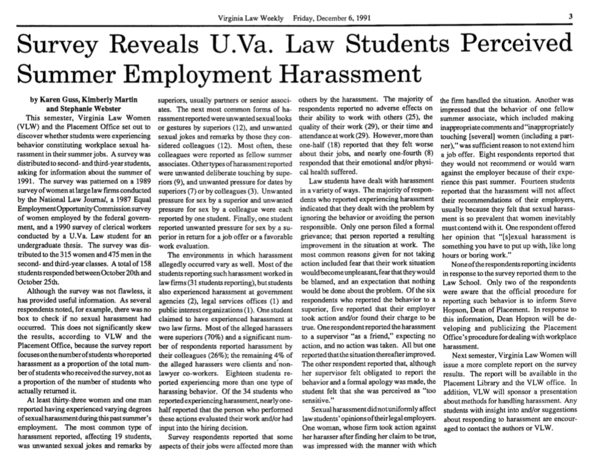 Newspaper article which reads: "Survey Reveals UVA Law Students Perceived Summer Employment Harassment"
