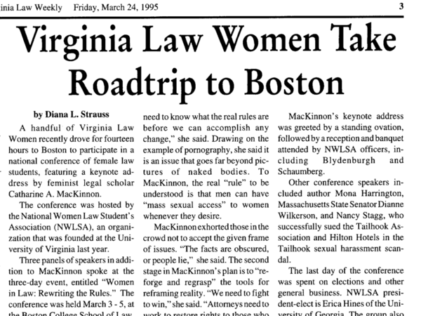 Newspaper headline which reads: "Virginia Law Women Take Roadtrip to Boston"