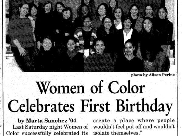 Newspaper headline which reads: "Women of Color Celebrates First Birthday"