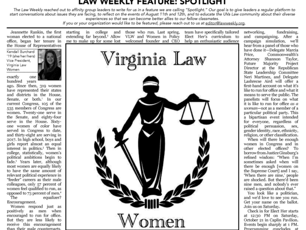Newspaper headline which reads: "Law Weekly Feature: Spotlight—Virginia Law Women"