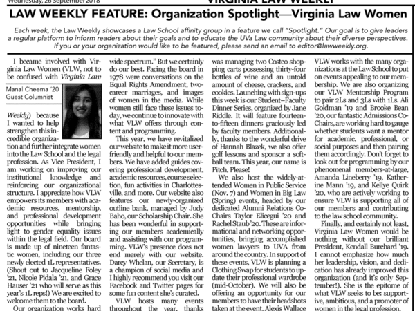 Newspaper headline which reads: "Organization Spotlight — Virginia Law Women"