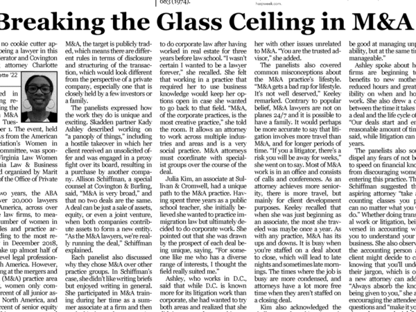 Newspaper headline which reads: "Breaking the Glass Ceiling in M&A"