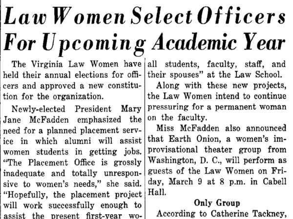 Newspaper clipping with headline "Law Women Select Officers For Upcoming Academic Year"