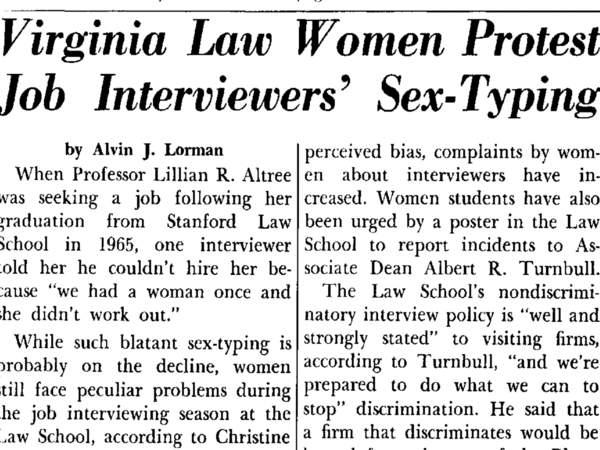 Newspaper clipping with headline "Virginia Law Women Protest Job Interviewers' Sex-Typing"