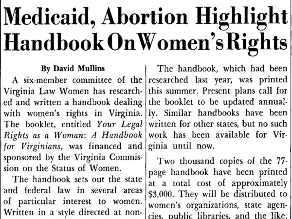 Newspaper article which reads: "Medicaid, Abortion Highlights Handbook On Women's Rights"