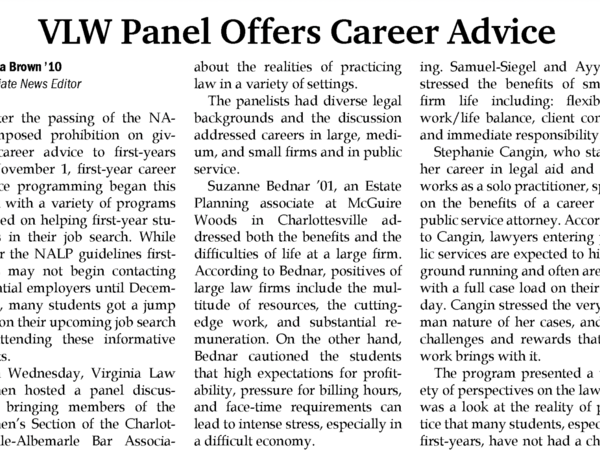 Newspaper headline which reads: "VLW Panel Offers Career Advice"