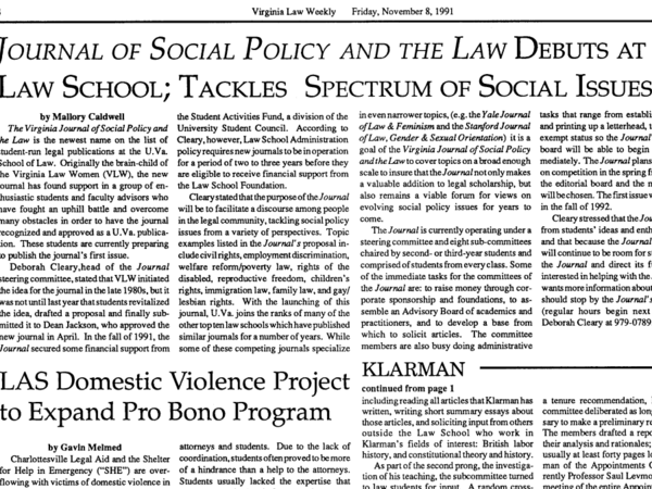 Newspaper headline which reads: "Journal of Social Policy and the Law Debuts at Law School; Tackles Spectrum of Social Issues"