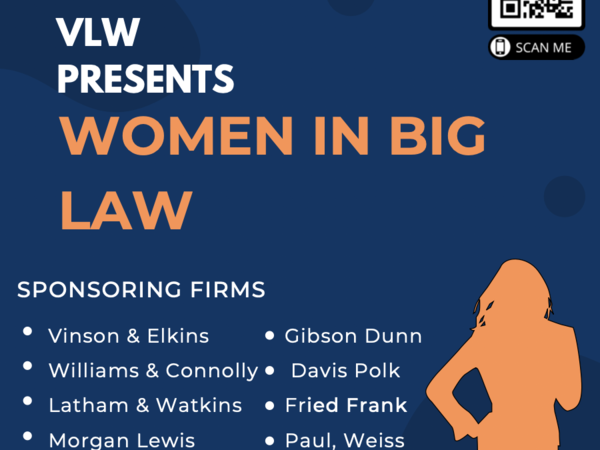 Blue and white flyer advertising Virginia Law Women's Women in Big Law event